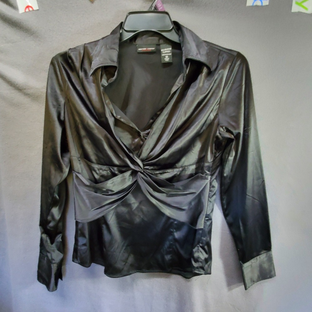 New York & Company Stretch Black Satin Twist Front Long Sleeve Blouse Size 10
